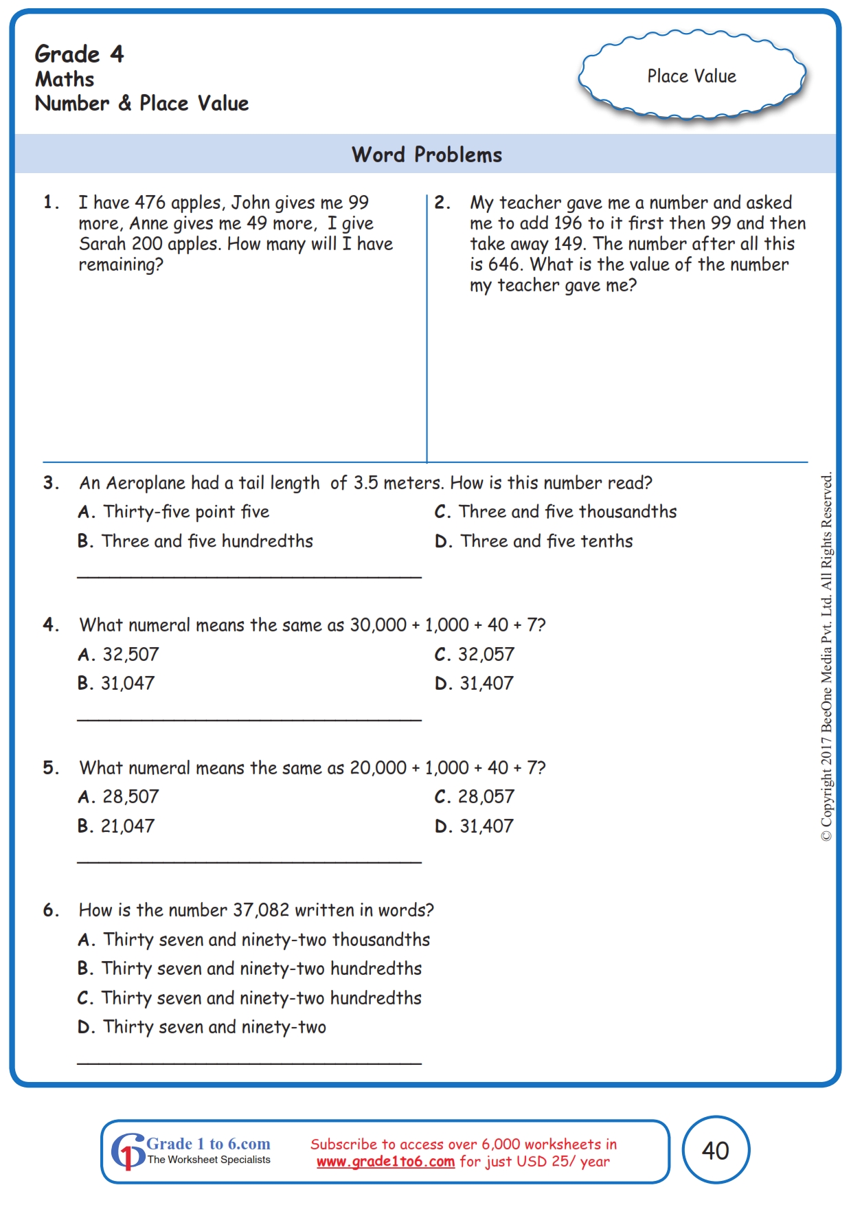 Place Value Words To Numbers Worksheet