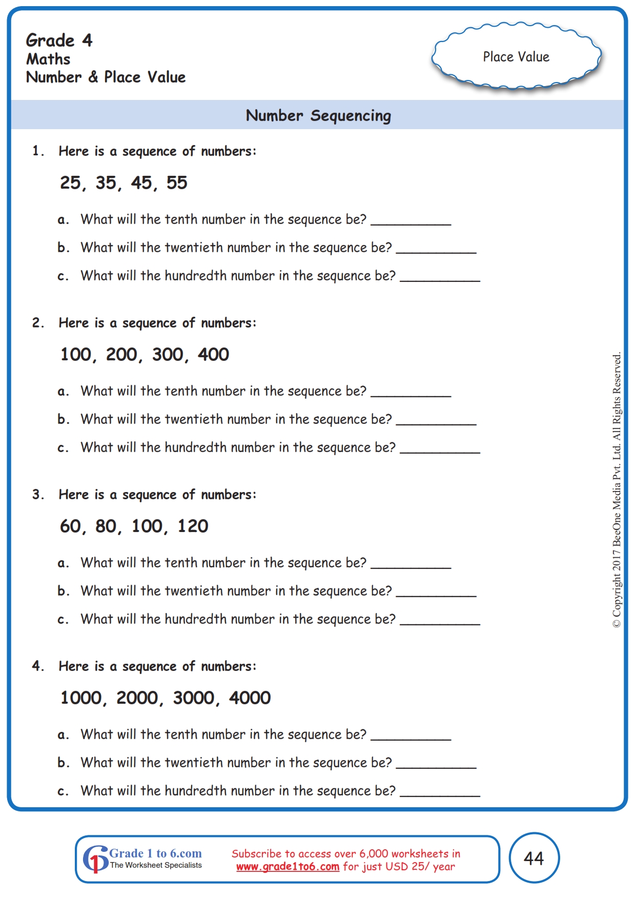 grade 4 number sequences worksheets www grade1to6 com