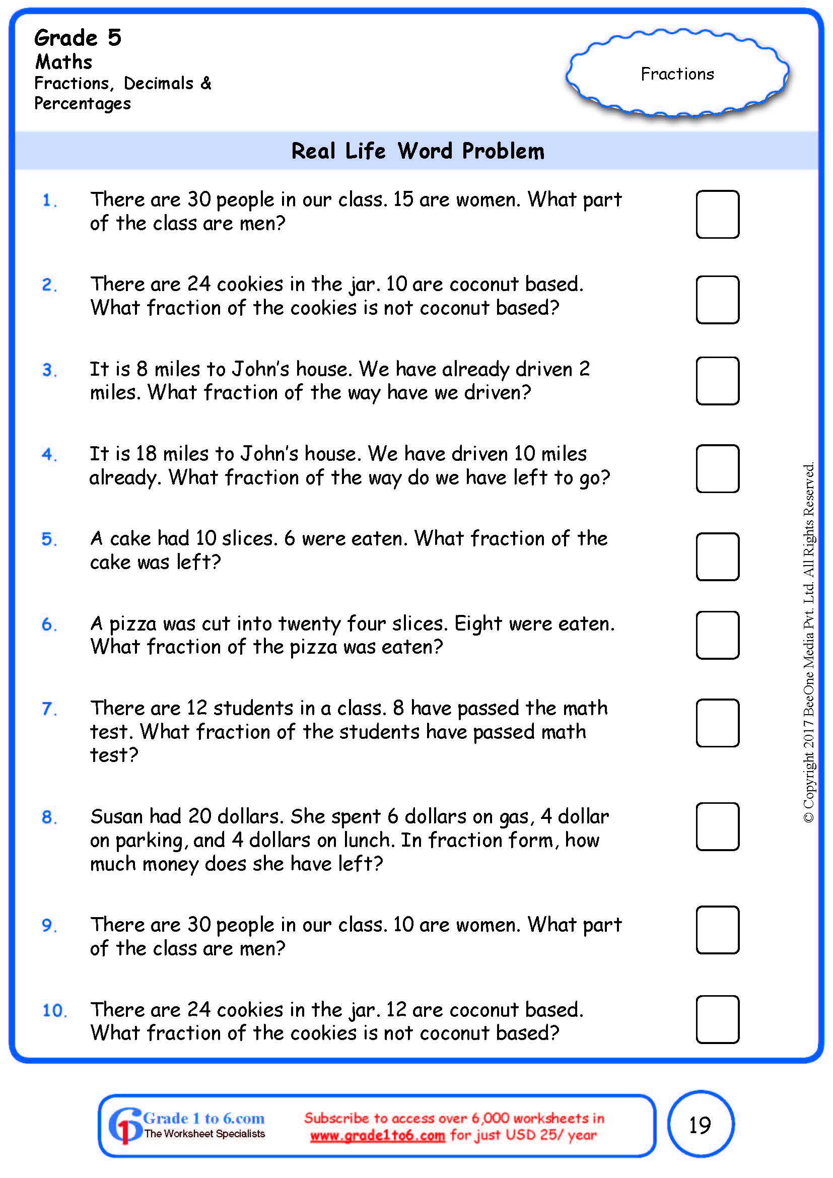 Grade 5 Word Problems in Fractions Worksheets|www.grade1to6.com