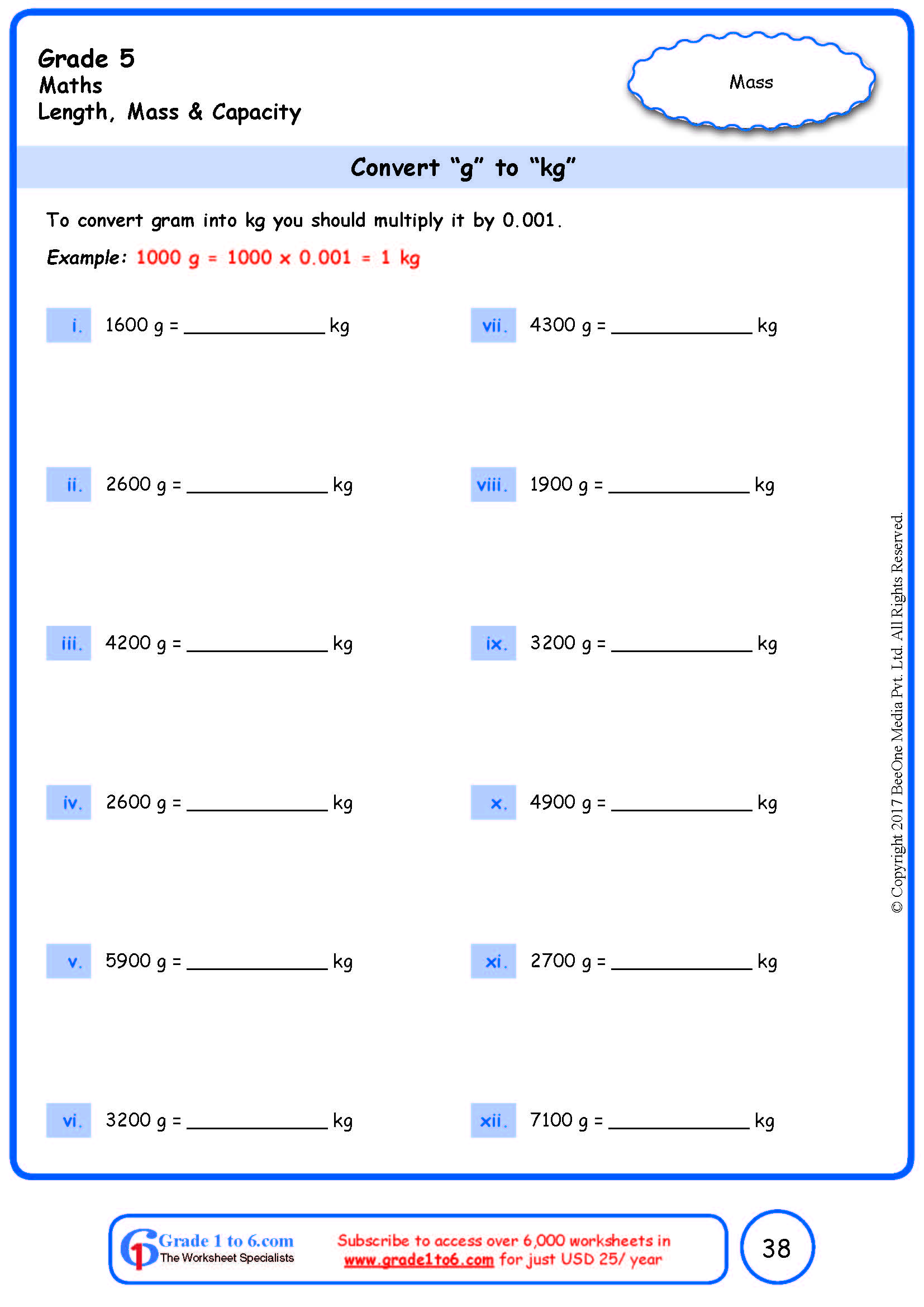 Grade 5 Conversion of gm to kg Worksheets|www.grade1to6.com