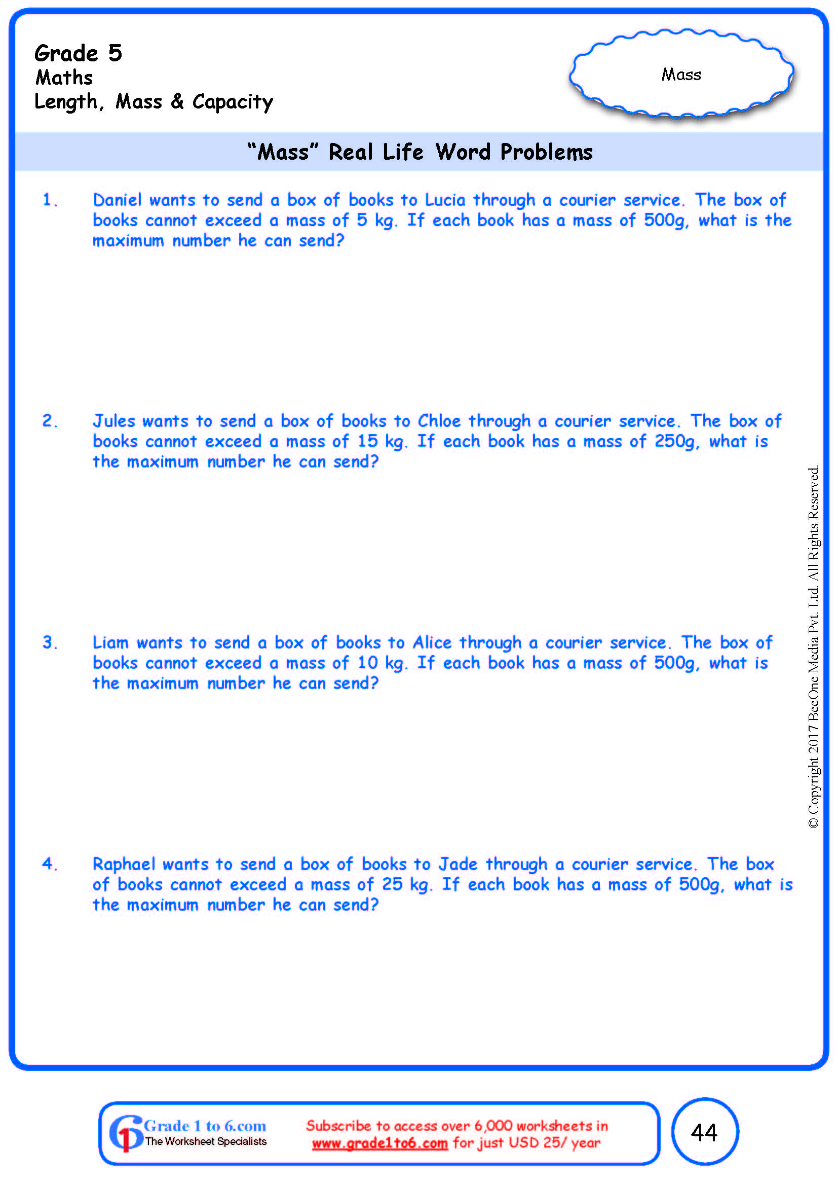 word problems in weight mass worksheets www grade1to6 com