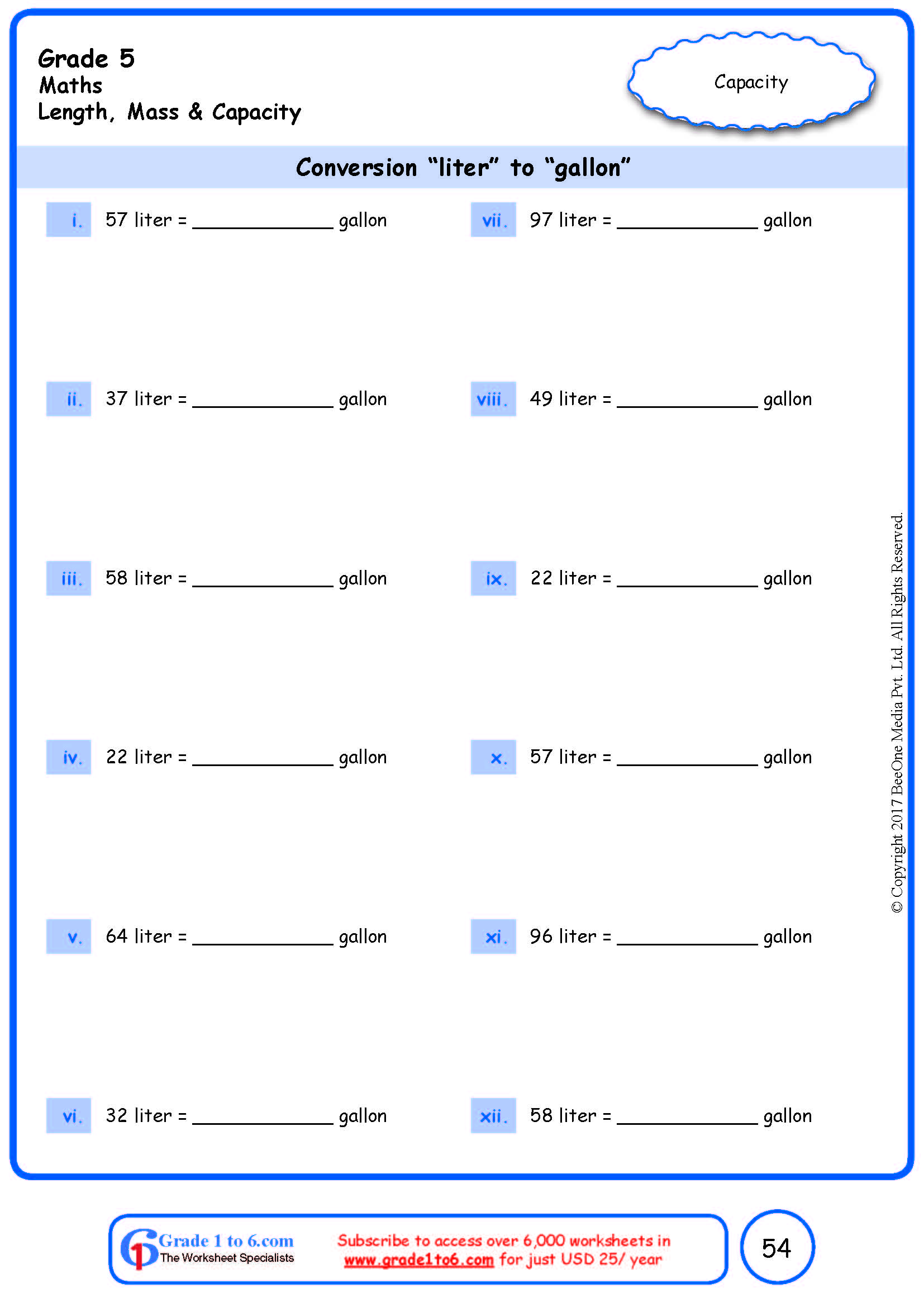 Grade 5 Conversion To Liter To Gallon Worksheets www grade1to6