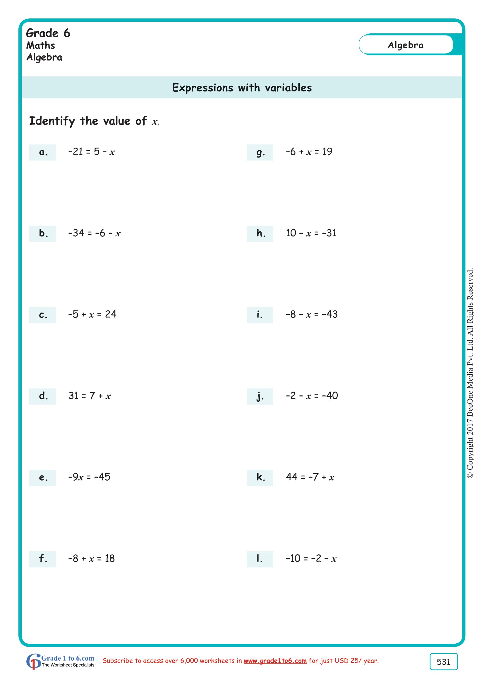 Algebraic Expressions Worksheetswww.grade20to20.com For Evaluating Variable Expressions Worksheet