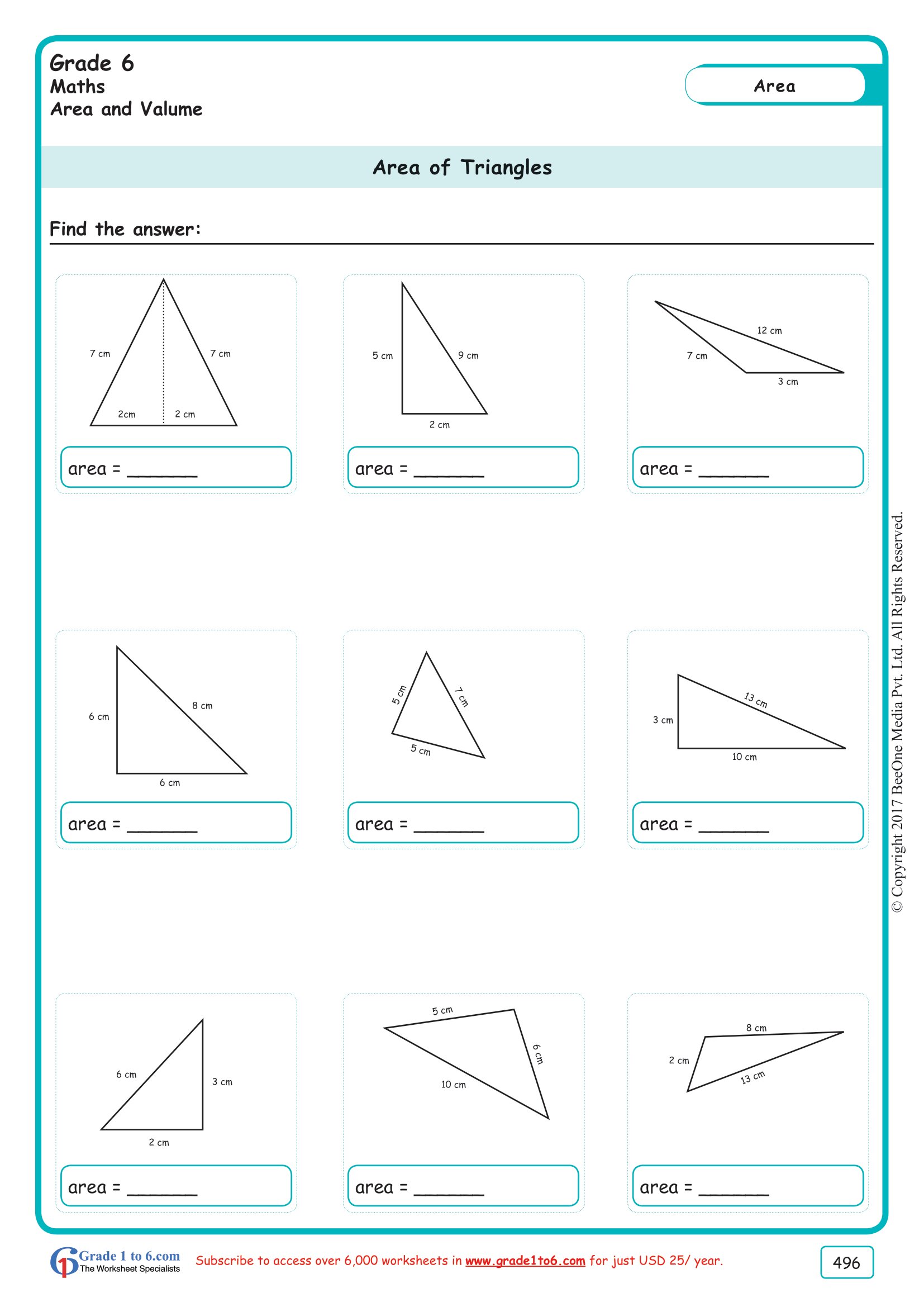 Area of a Triangle WorksheetsGrade 20www.grade20to20.com In Area Of Triangles Worksheet Pdf