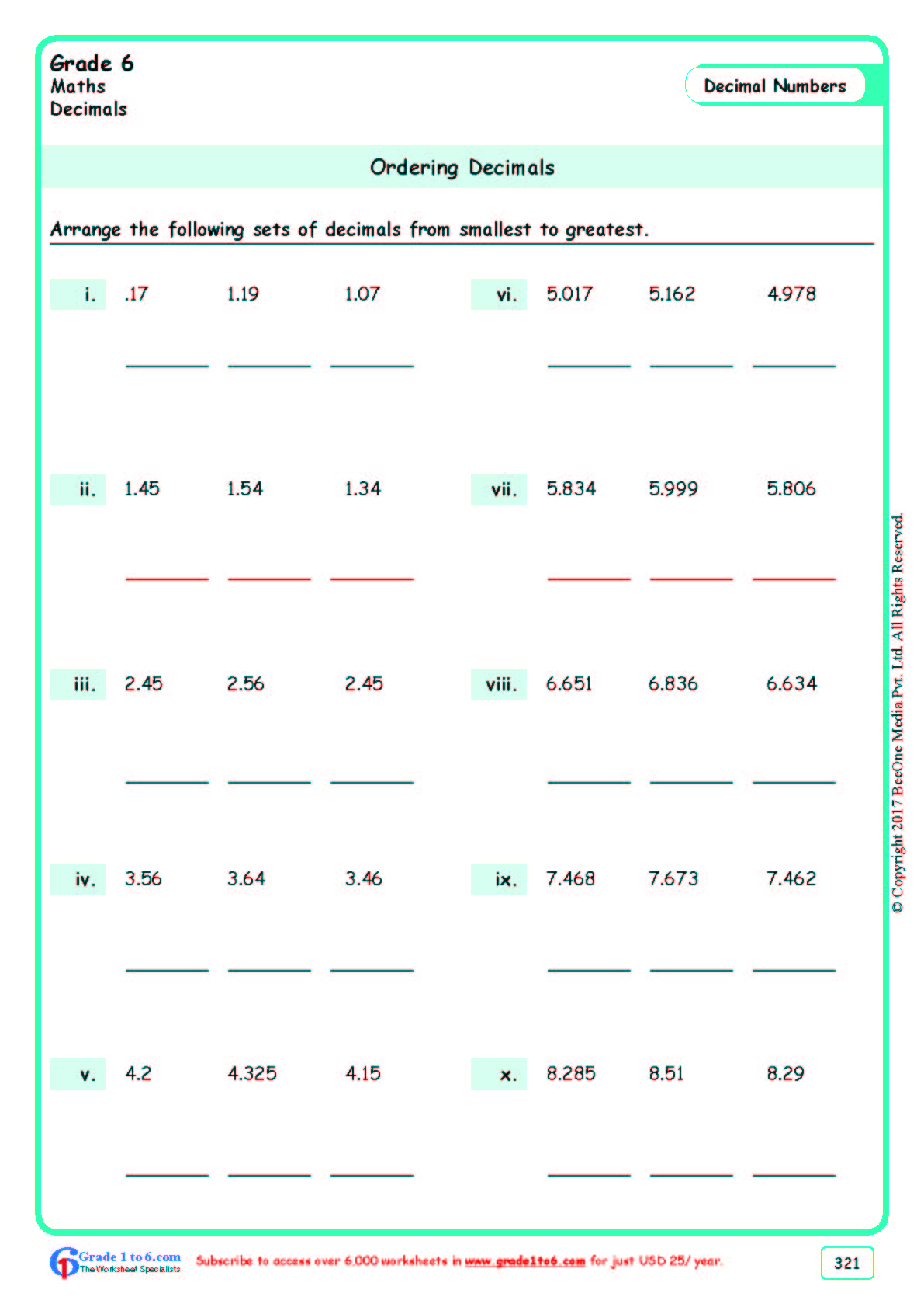 Ordering Decimals WorksheetsSmallest to Largest Grade 6
