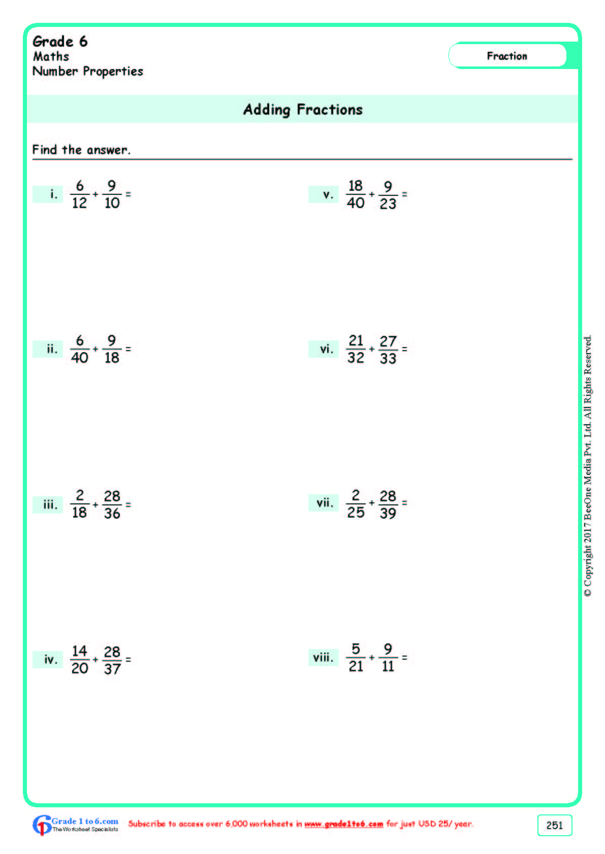 Grade 6|Adding Fractions Worksheets|www.grade1to6.com