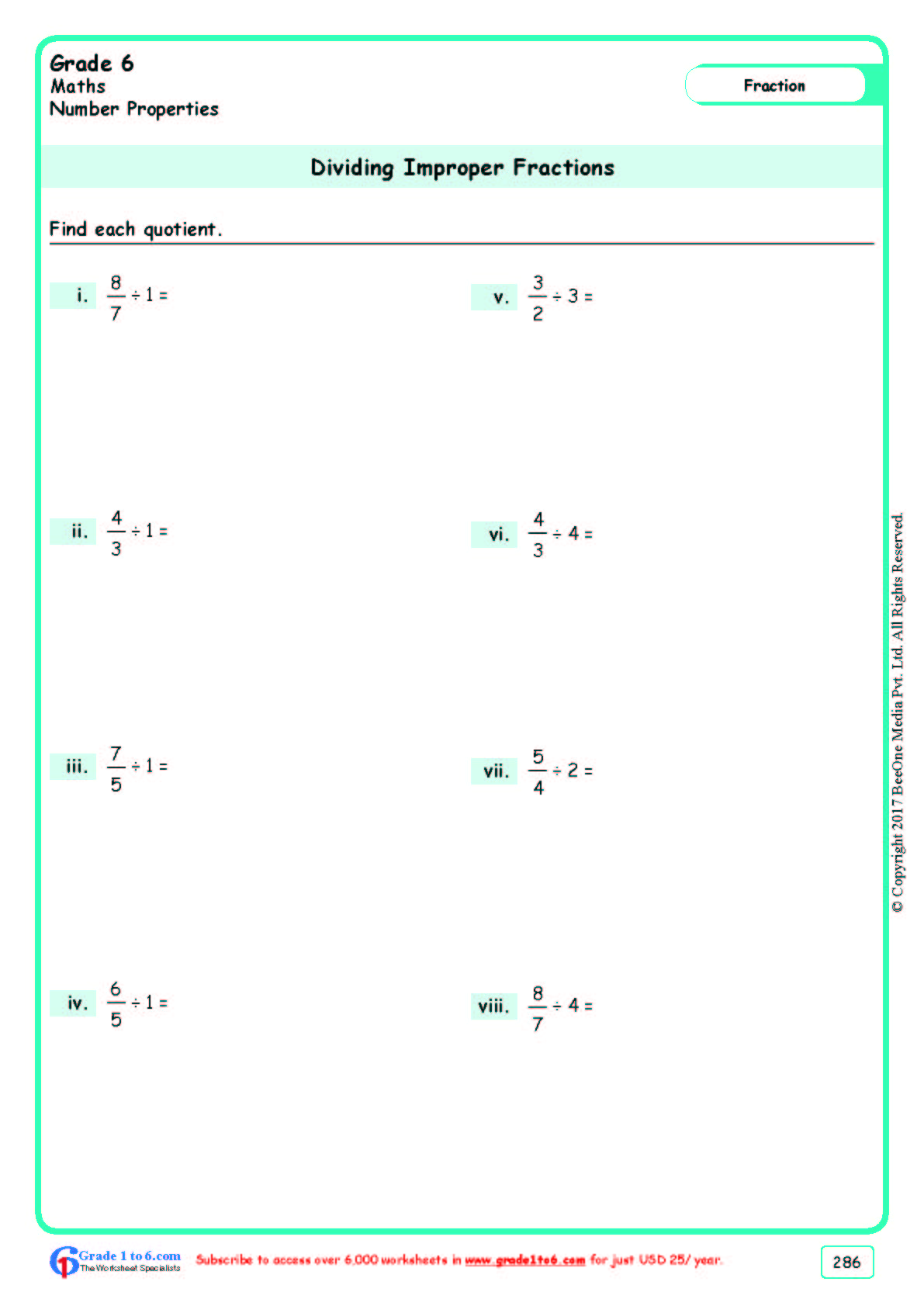 grade 6 dividing fractions worksheets www grade1to6 com