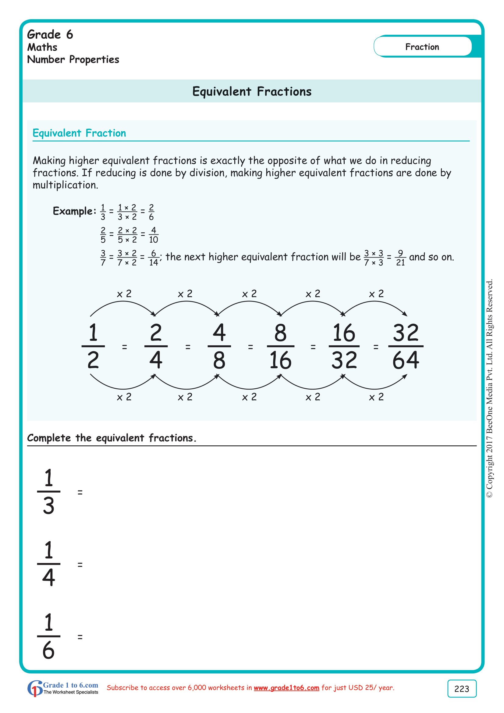 Grade 6|Equivalent Fractions Worksheets|www.grade1to6.com