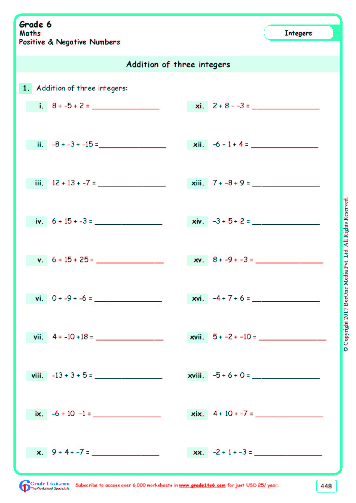 Adding Positive & Negative Integers Worksheets|www.grade1to6.com