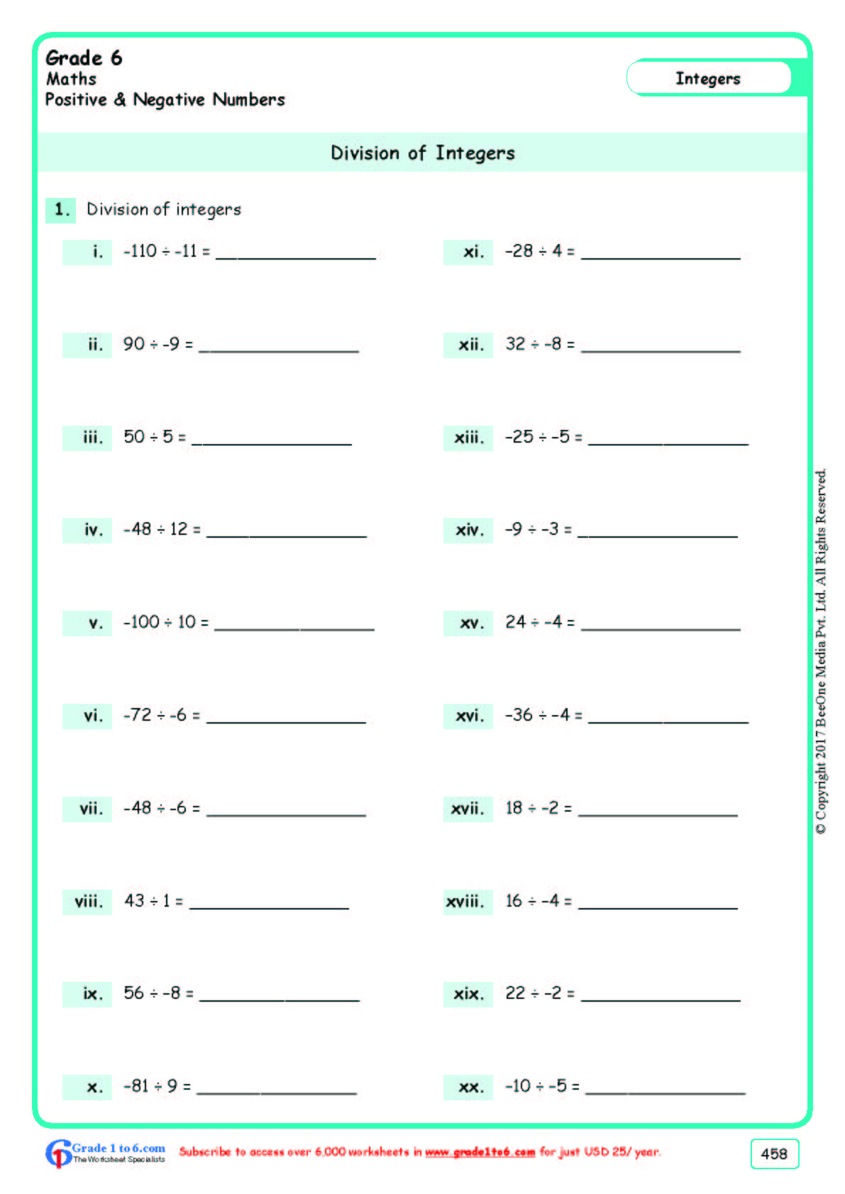 Dividing Integers Worksheets|Grade 6|www.grade1to6.com