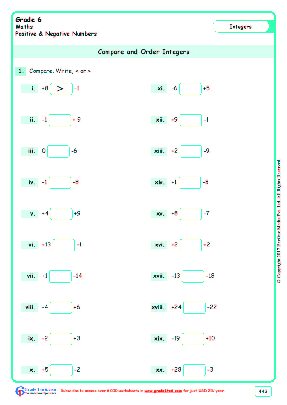 Comparing & Ordering Integers Worksheets|www.grade1to6.com