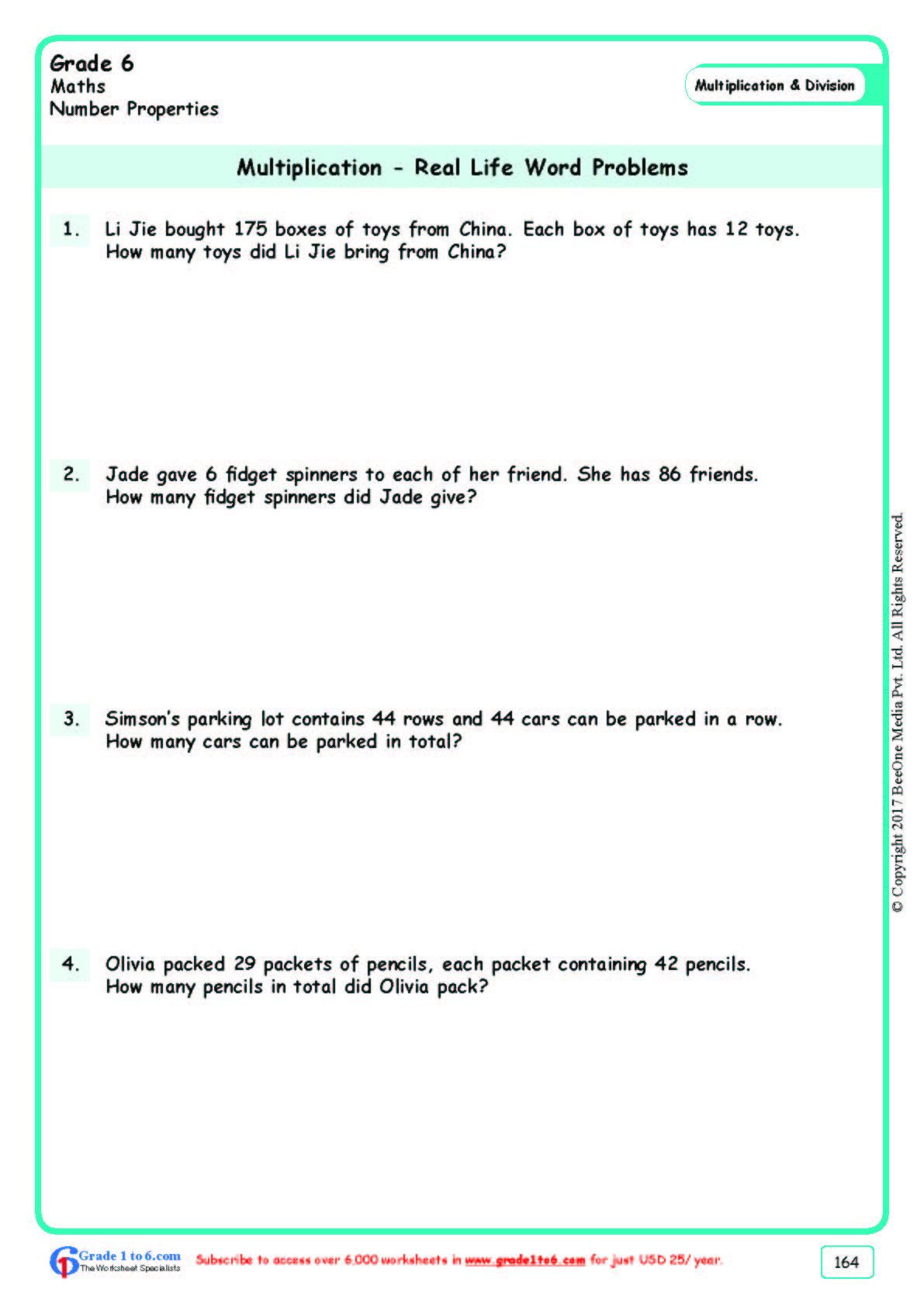 Multiplication Word Problems Worksheets|Grade 6