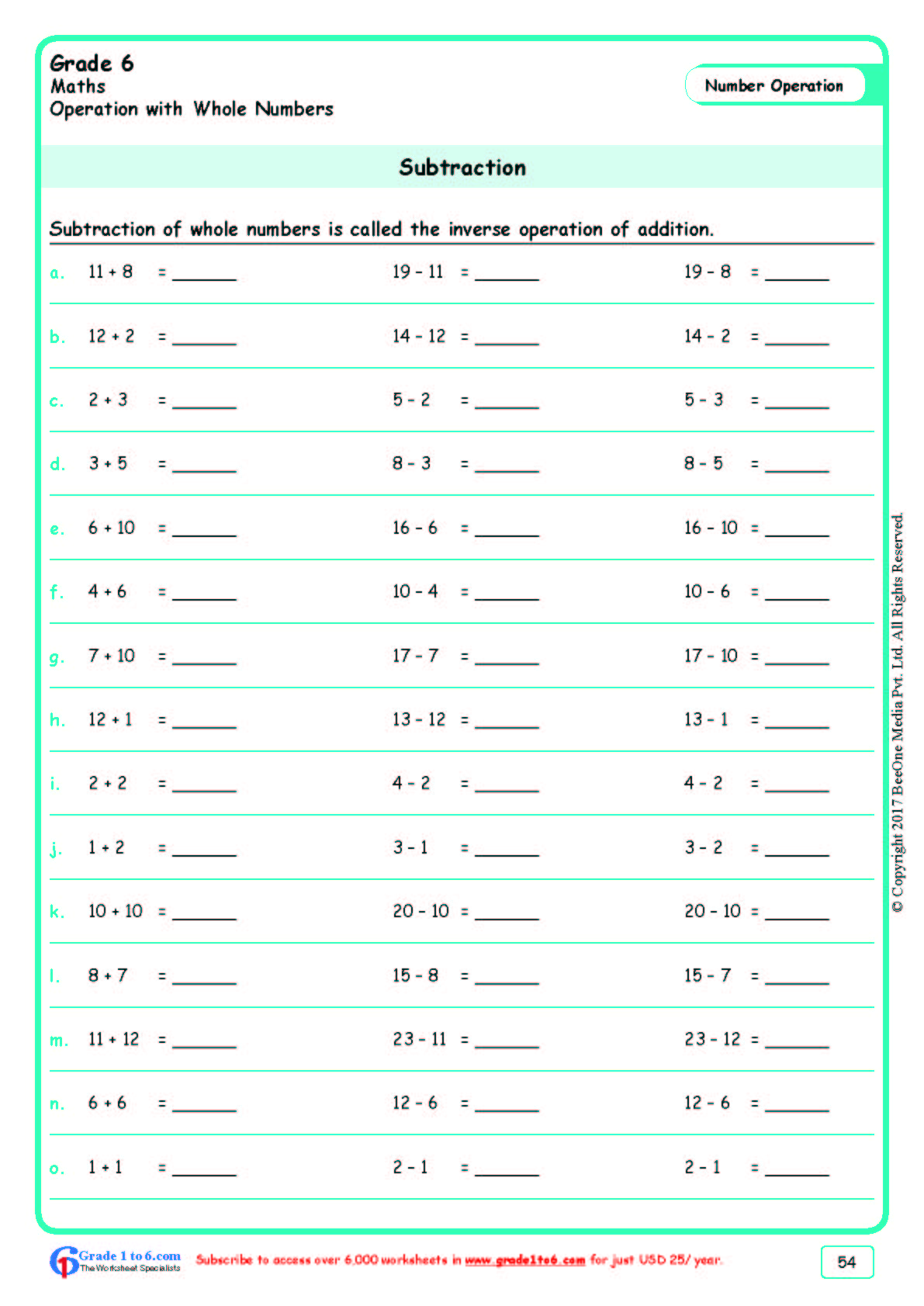 grade 6 subtraction worksheets www grade1to6 com