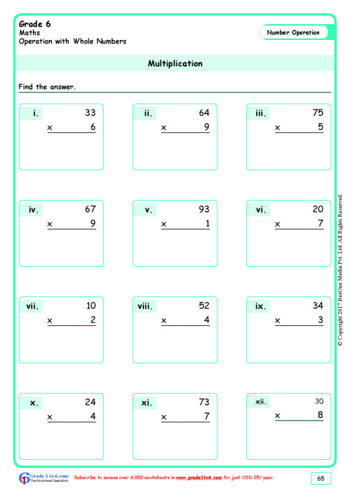 Grade 6|Multiplication Worksheets|www.grade1to6.com