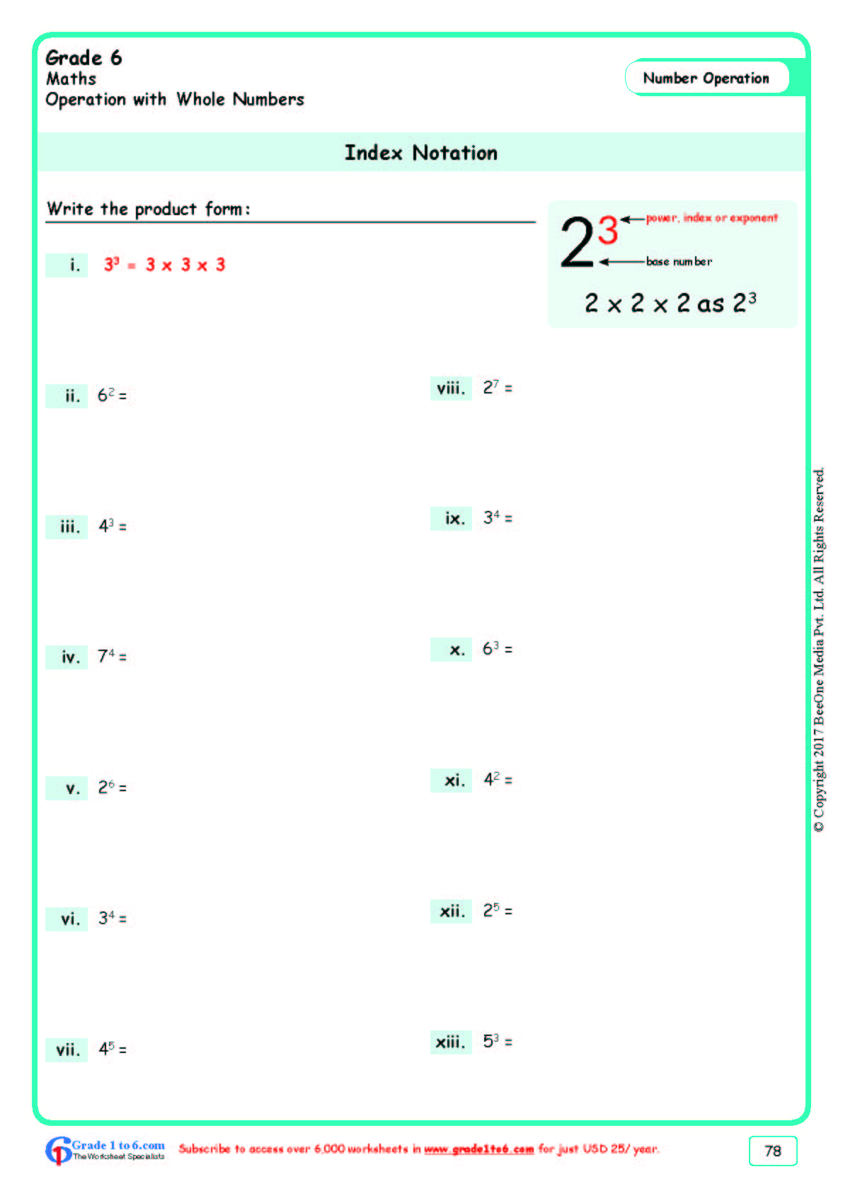 Index & Notation Worksheets|www.grade1to6.com
