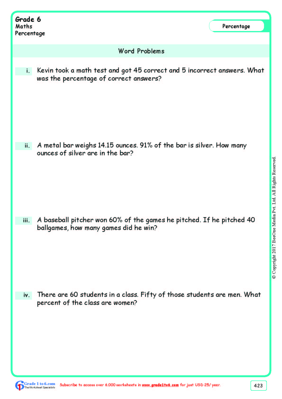 Grade 6|Class Six Word Problems Worksheets|www.grade1to6.com