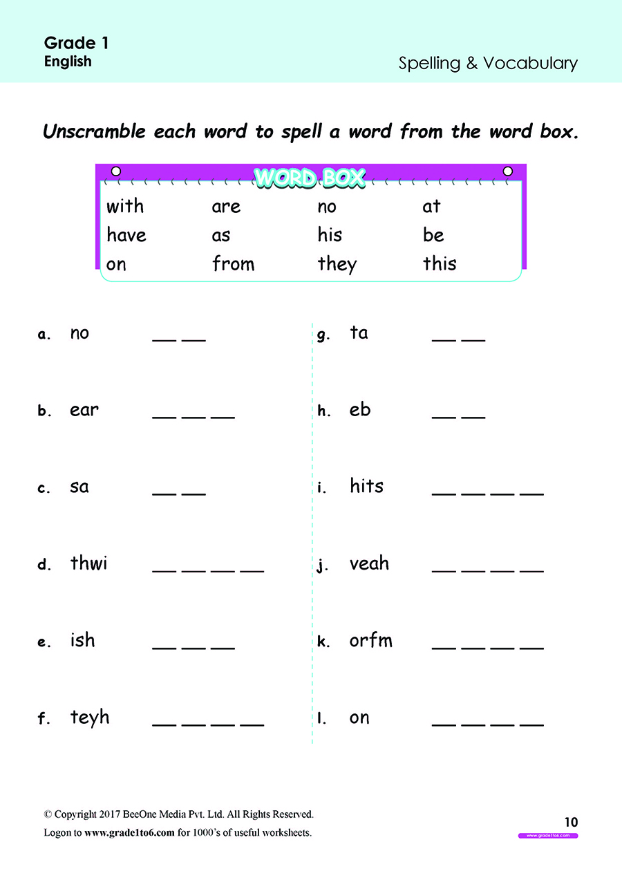 Spellings Worksheets Free For Grade 1 Class 1 IB CBSE ICSE K12