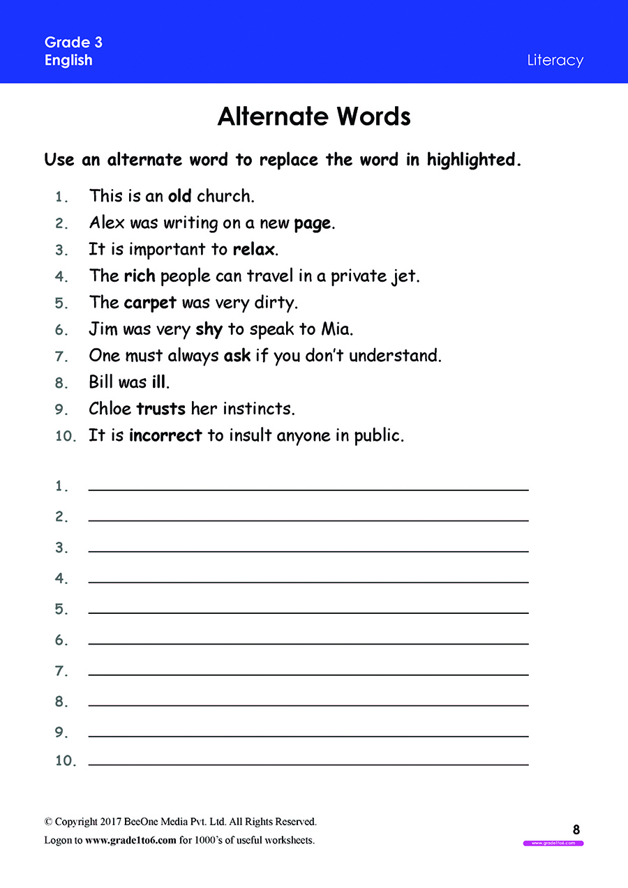 English Worksheet For Grade 3 Students