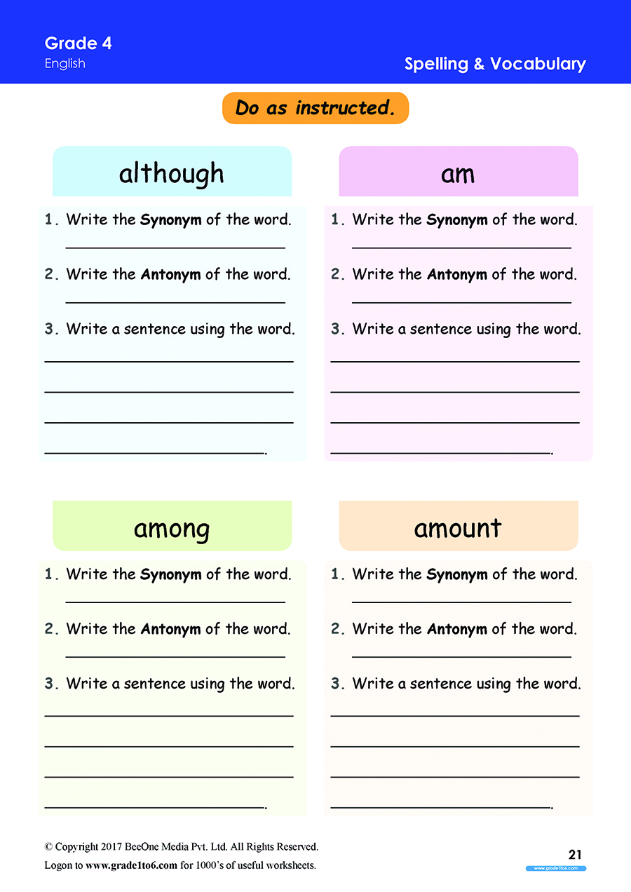 Grade 4|Class 4|English worksheets for Reading, Writing, Vocabulary